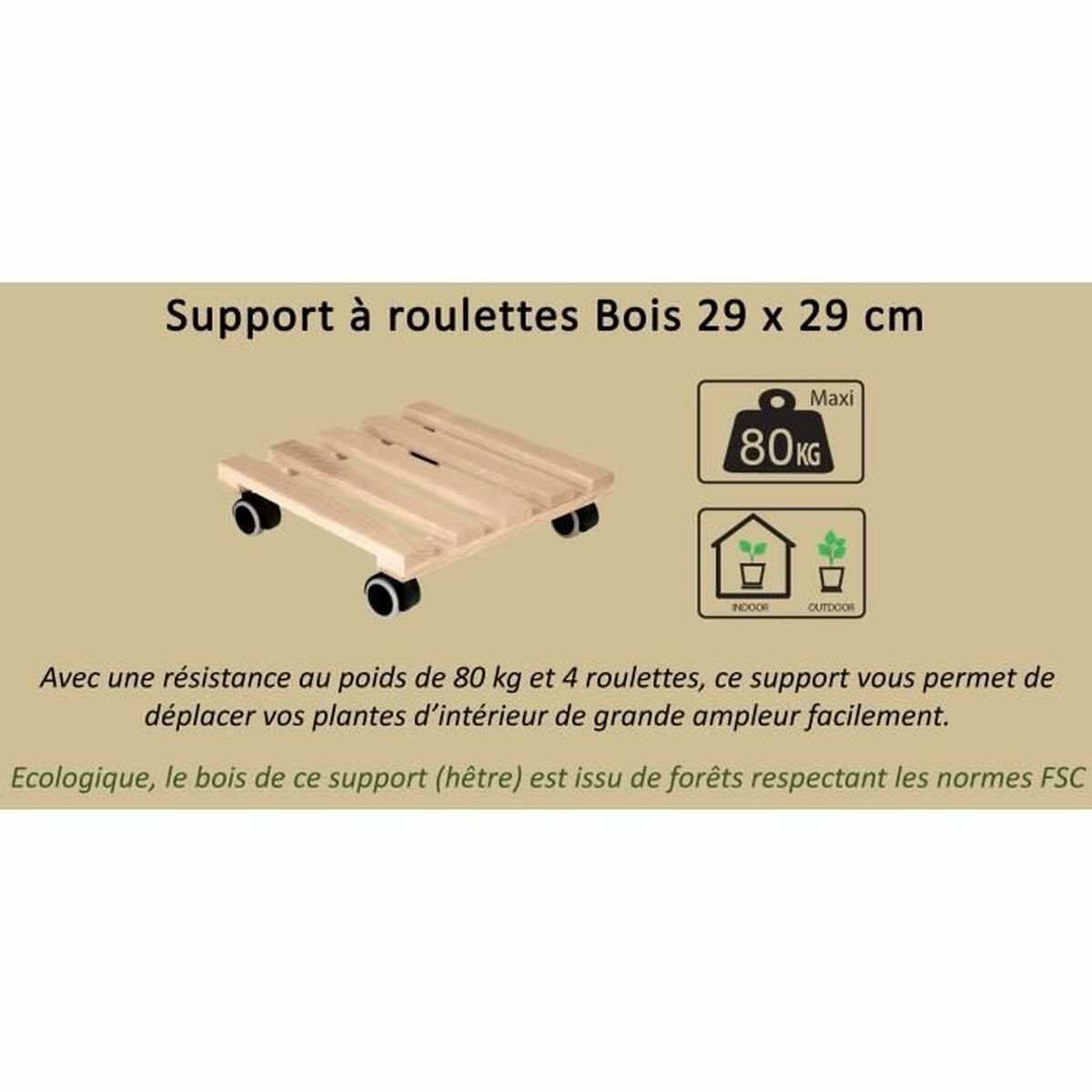 Supporto con Ruote per Vasi EDA   Legno 29 x 29 x 8 cm