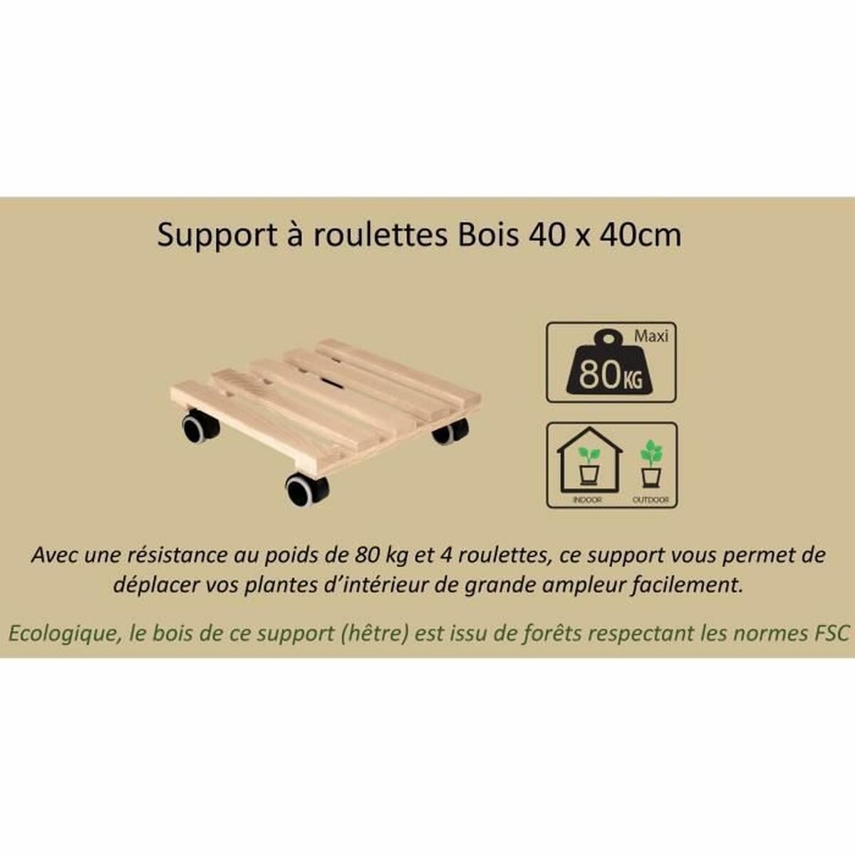 Supporto con Ruote per Vasi EDA   Legno 40 x 40 x 8,4 cm