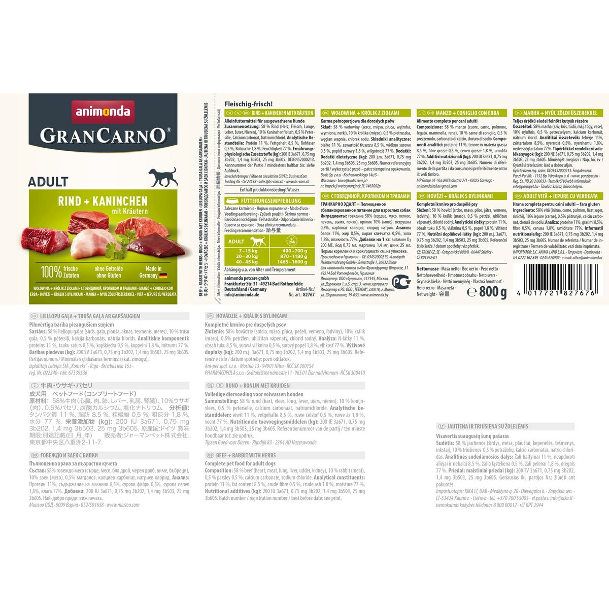 Cibo umido Animonda GranCarno Adult Carne di vitello Coniglio 800 g