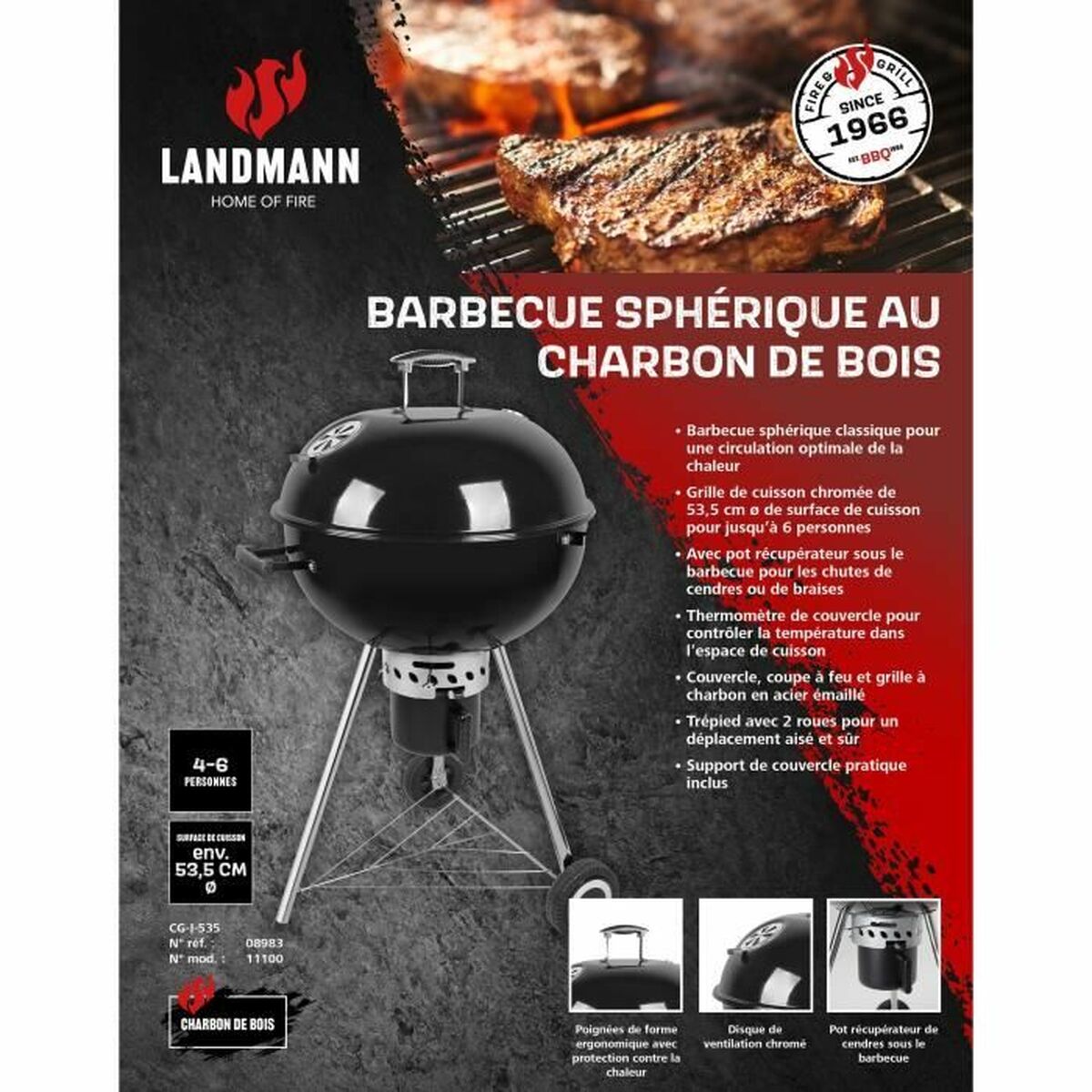 Barbecue a Carbone con Coperchio e Ruote Landmann 57 cm