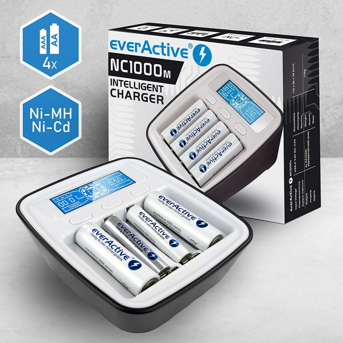 Caricabatterie EverActive NC-1000M Nero/Bianco