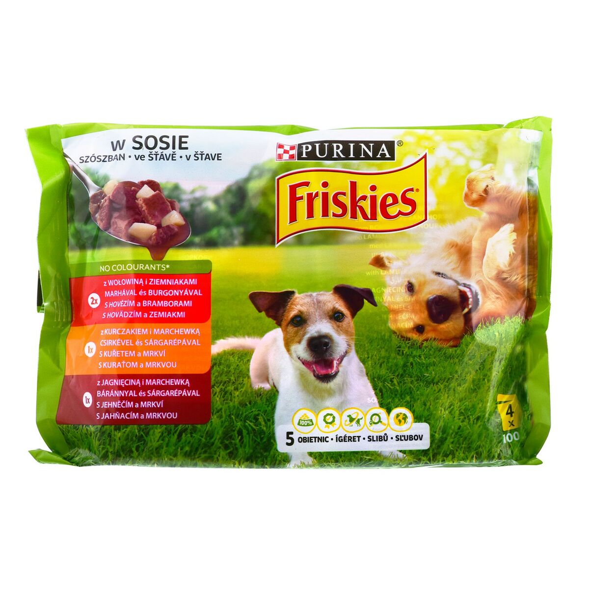 Cibo umido Purina Friskies Pollo Carne di vitello Agnello Patate Carota 4 x 100 g