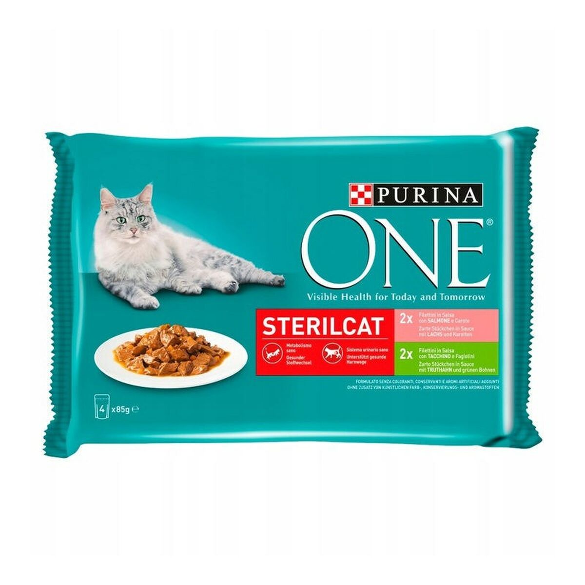 Cibo per gatti Purina One Sterilcat Salmone Tacchino Fagiolini Verdi Carota 4 x 85 g