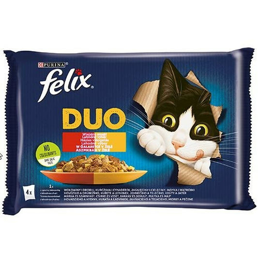 Cibo per gatti Purina Duo Pollo Carne di vitello Agnello Fegato Uccelli 4 x 85 g