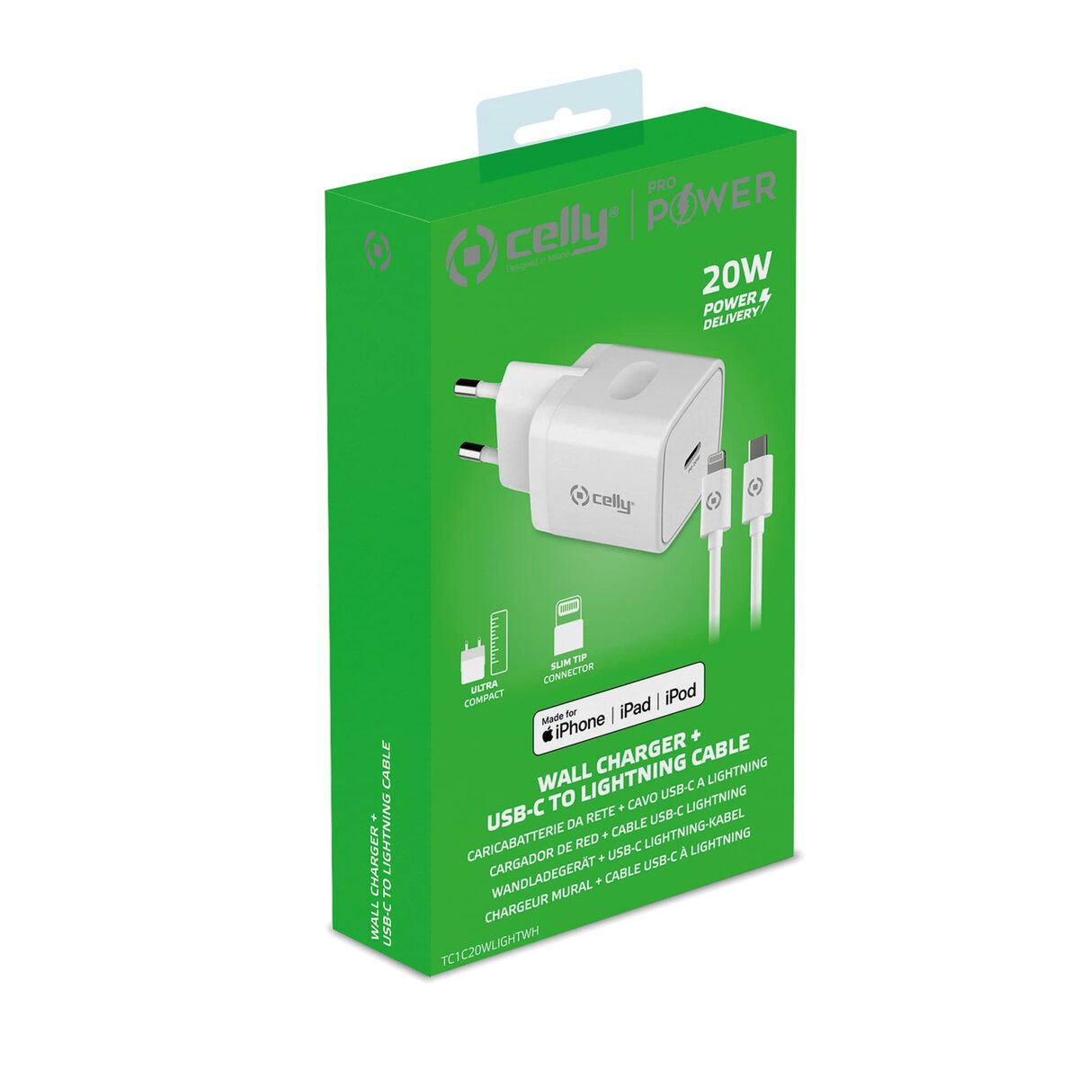 Caricabatterie da Parete + Cavo USB C Celly iPhone Bianco 20 W