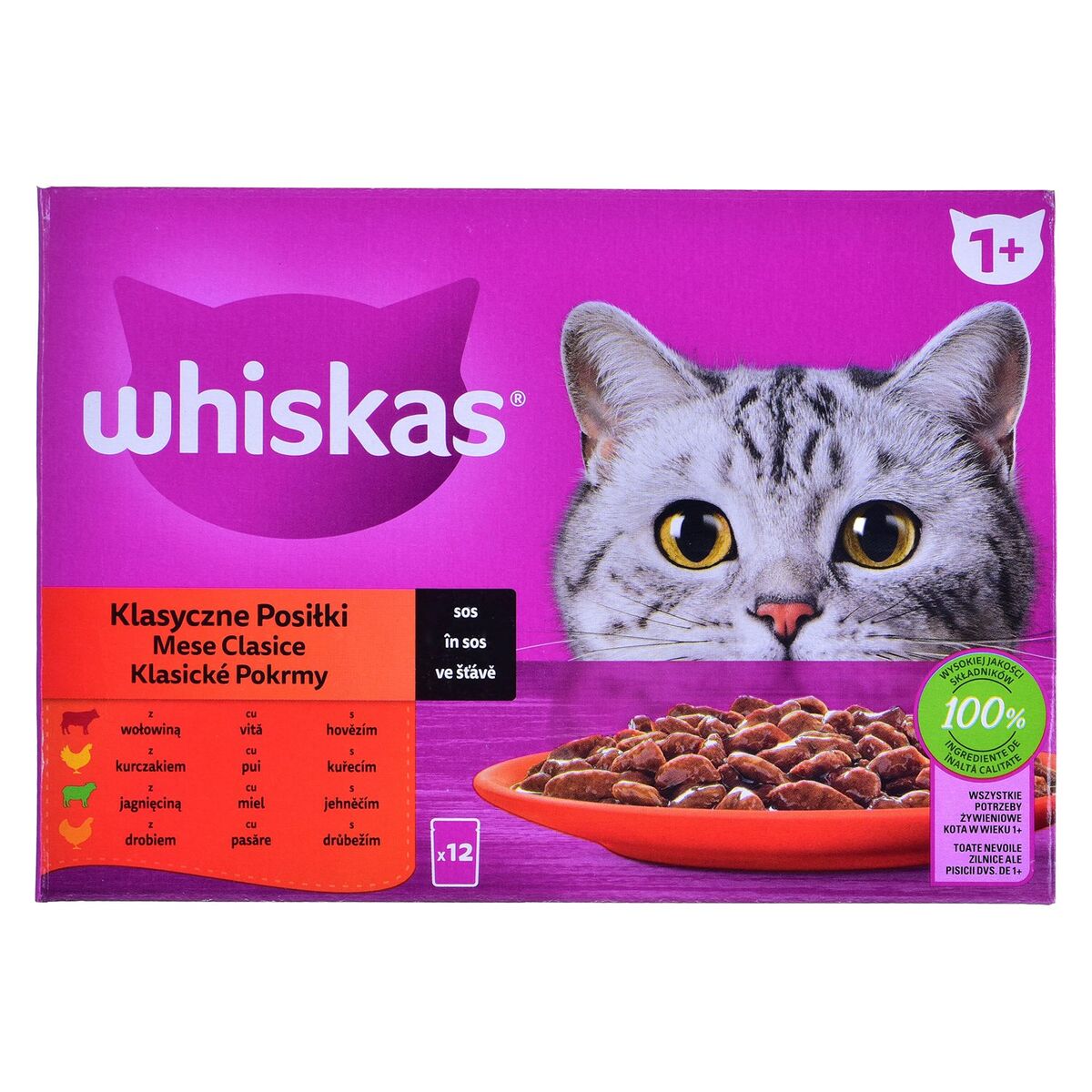 Cibo per gatti Whiskas Classic Meals Pollo Carne di vitello Agnello Uccelli 12 x 85 g