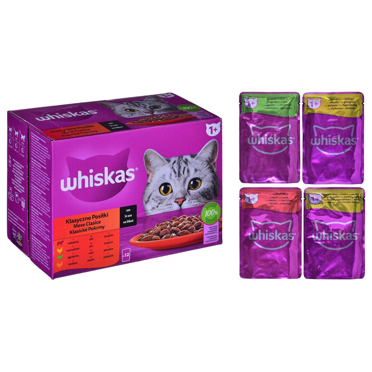 Cibo per gatti Whiskas Classic Meals Pollo Carne di vitello Agnello Uccelli 12 x 85 g