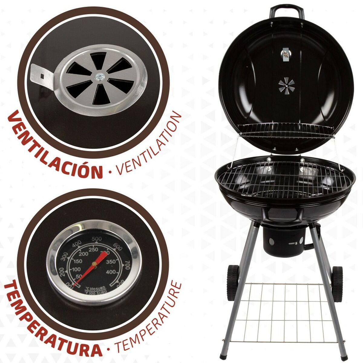 Barbecue a Carboni con Ruote Aktive Alluminio Metallo smaltato textilene 57 x 86 x 57 cm Nero