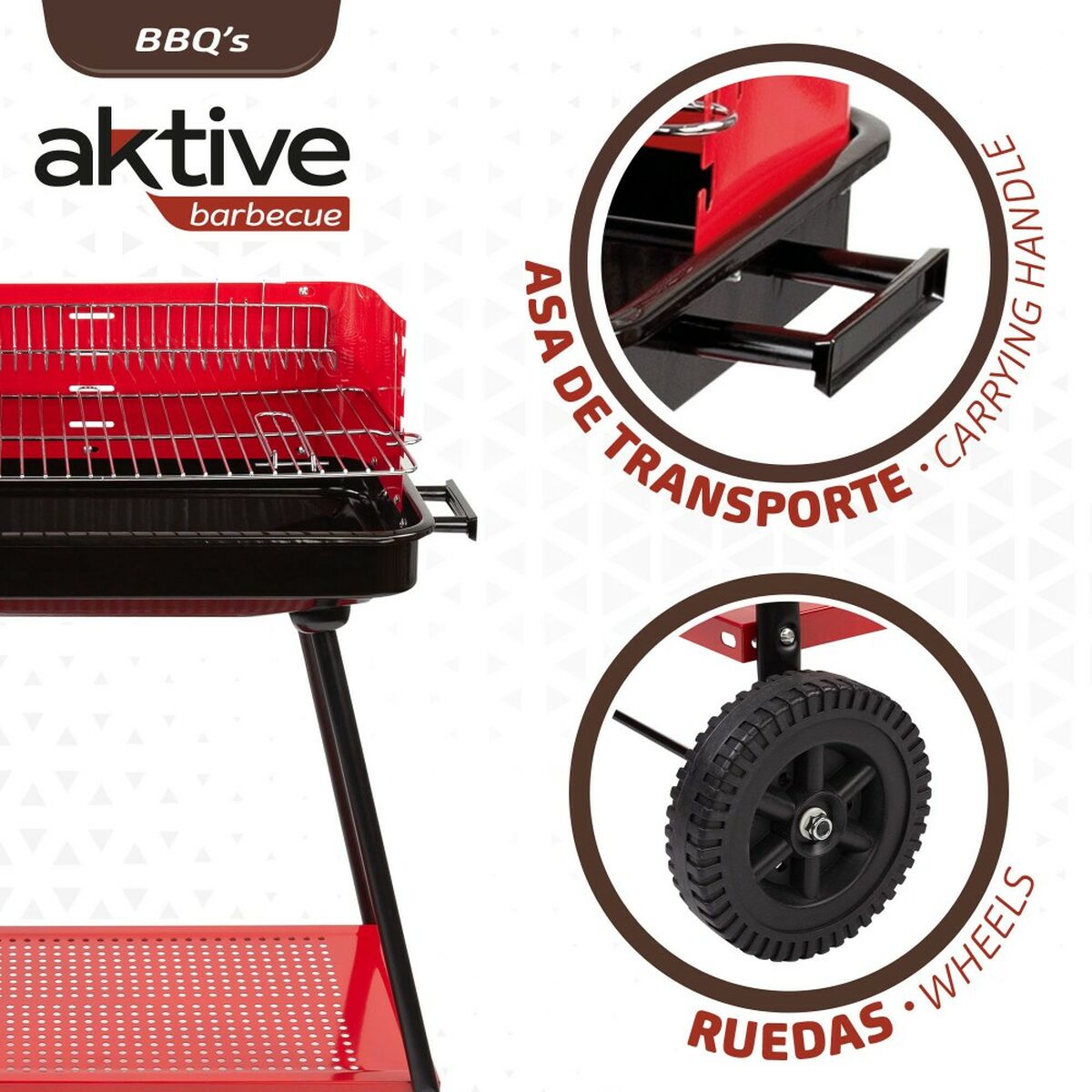 Barbecue a Carboni con Ruote Aktive Acciaio Plastica Metallo smaltato 66 x 85 x 44 cm Rosso