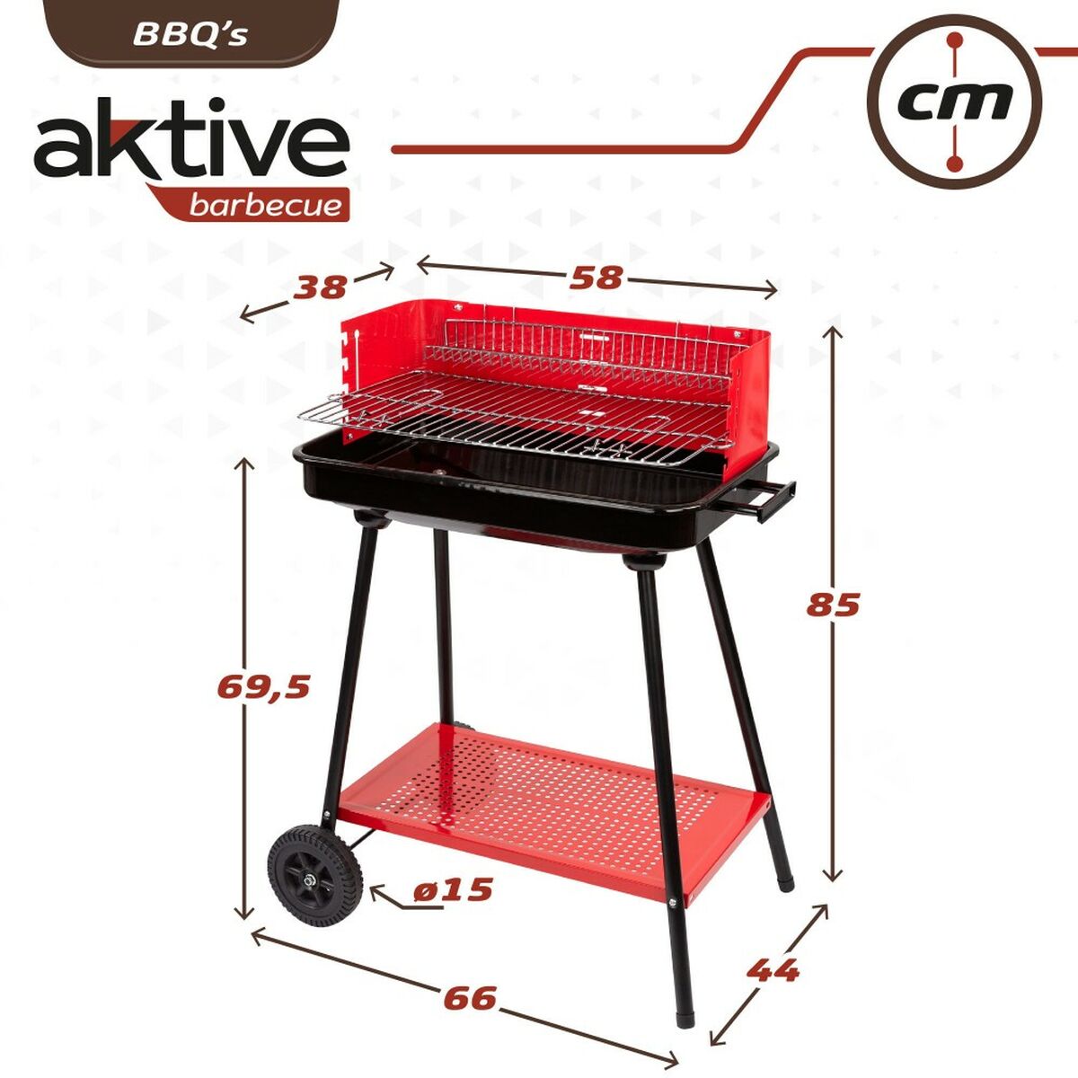 Barbecue a Carboni con Ruote Aktive Acciaio Plastica Metallo smaltato 66 x 85 x 44 cm Rosso