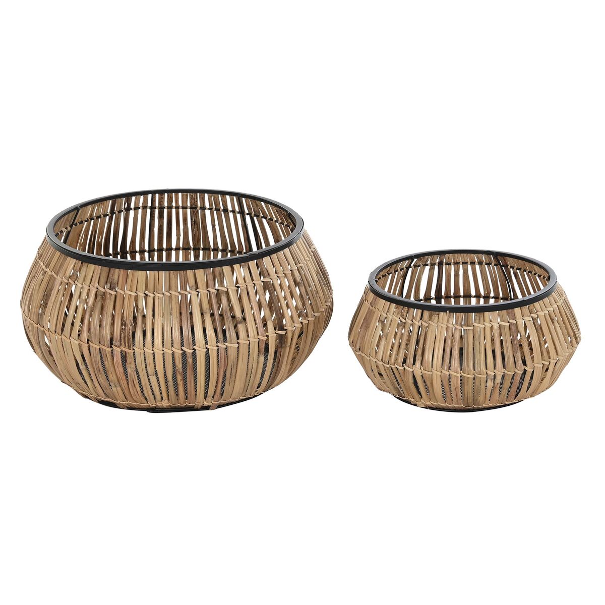 Set di Vasi DKD Home Decor Nero Naturale Metallo Rattan Quadrato Bali 50 x 50 x 25,4 cm (2 Unità)