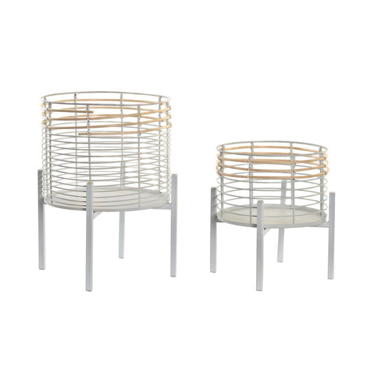 Set di Vasi DKD Home Decor Bianco Naturale Metallo Rattan Quadrato 25 x 25 x 32 cm (2 Unità)