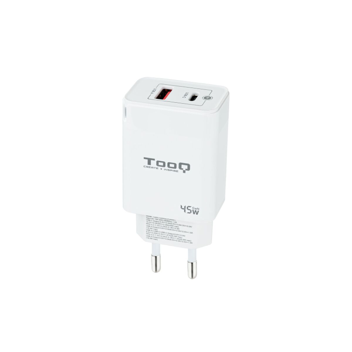 Caricabatterie da Parete TooQ Cargador de Pared GaN USB-C/PD + USB-A/QC 45W, Blanco Bianco 45 W