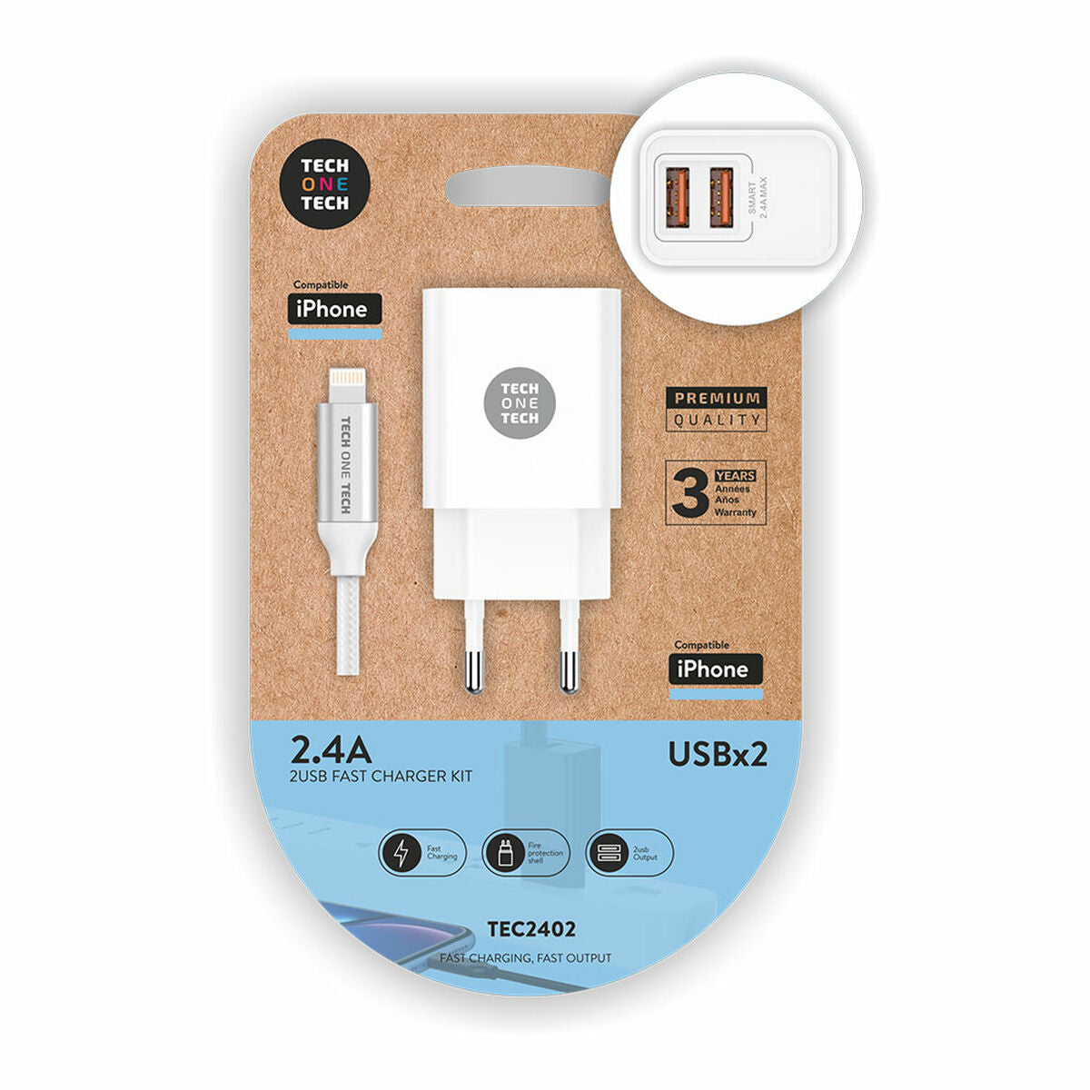 Caricabatterie da Parete + Cavo Lightning MFI Tech One Tech Doppia Lightning Bianco