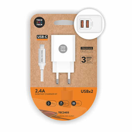 Caricabatterie da Parete + Cavo USB-C Tech One Tech Doppia