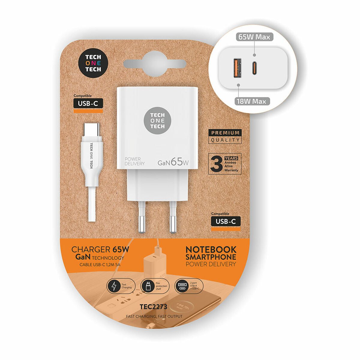 Caricabatterie da Parete + Cavo USB-C Tech One Tech