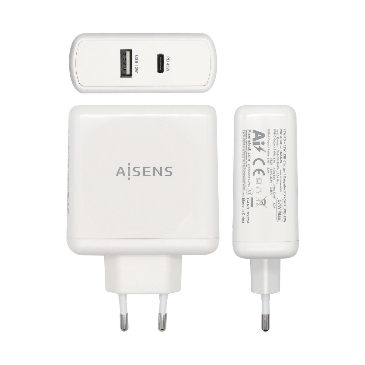 Caricabatterie USB da Parete Aisens PD 3.0 USB-C 57 W Bianco