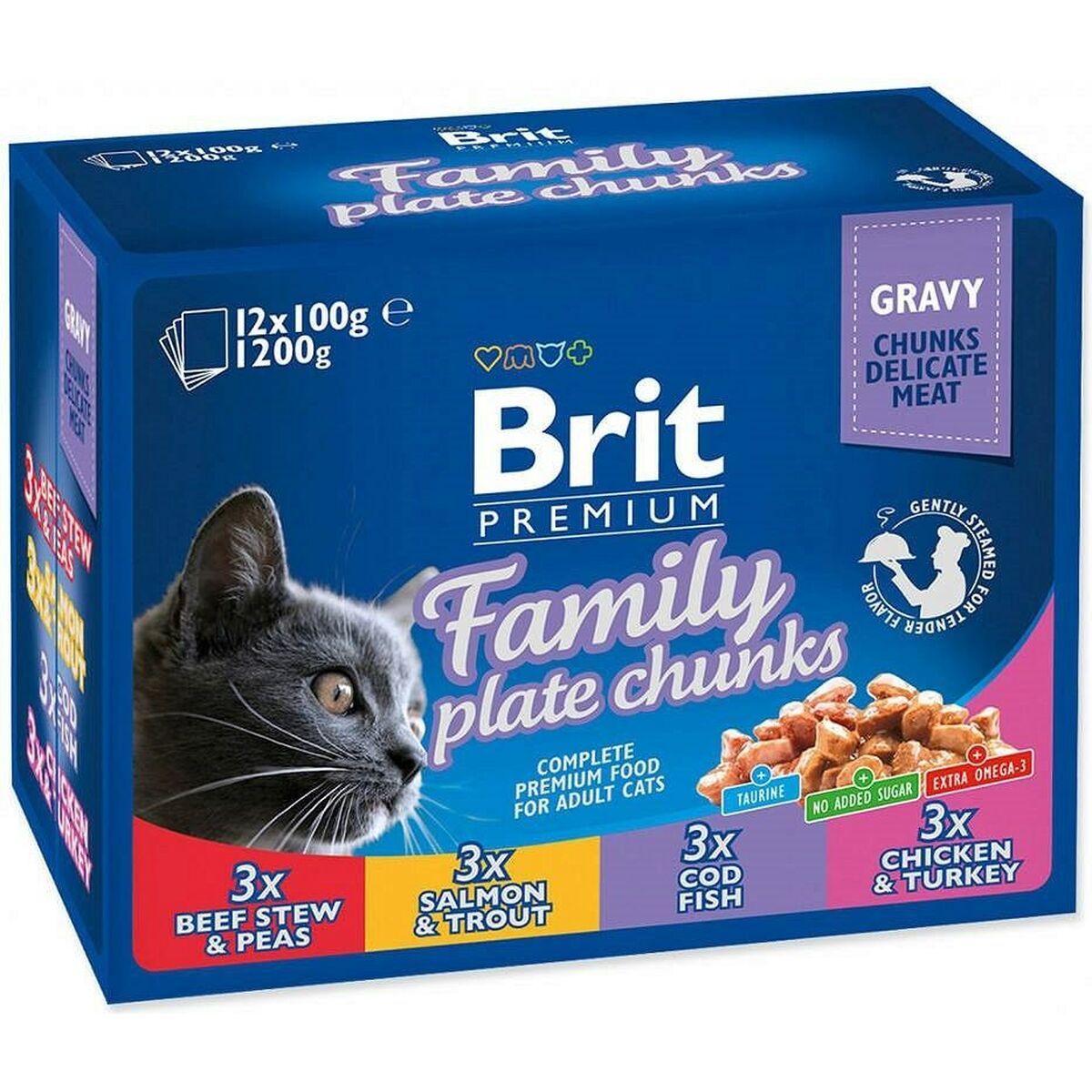 Cibo per gatti Brit Pouches Family Plate Pollo Tacchino Carne di vitello Baccalà 12 x 100 g